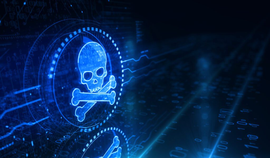 A skull and crossbones symbol on a digital background.