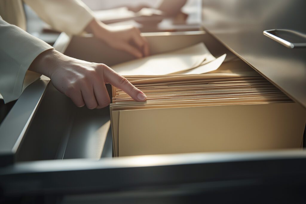 a woman digging on files on a cabinet